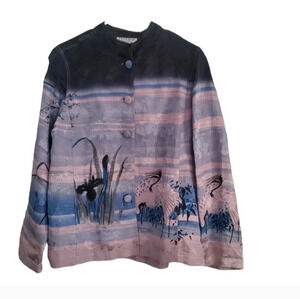 Citron santa monica art to wear bird linen silk blend button down cardigan sz m